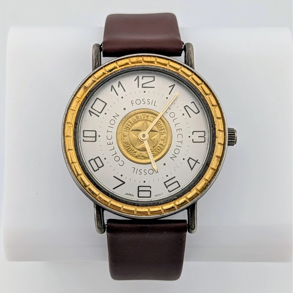 1980s Vintage Fossil Collection Quartz Watch Gold Medallion Dial Leather 36mm